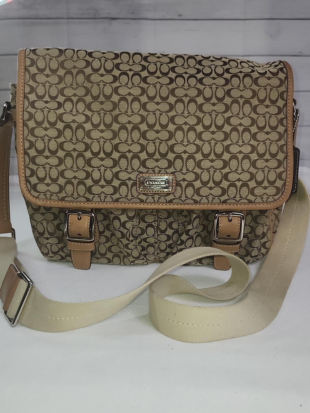 Coach Monogram Canvas Messenger Bag in Brown and Cream